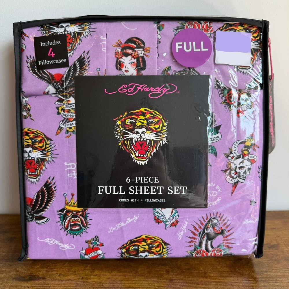 New Ed Hardy Full 6 Pc Double Brushed Sheet Set Purple Tiger Panther Skull Y2K